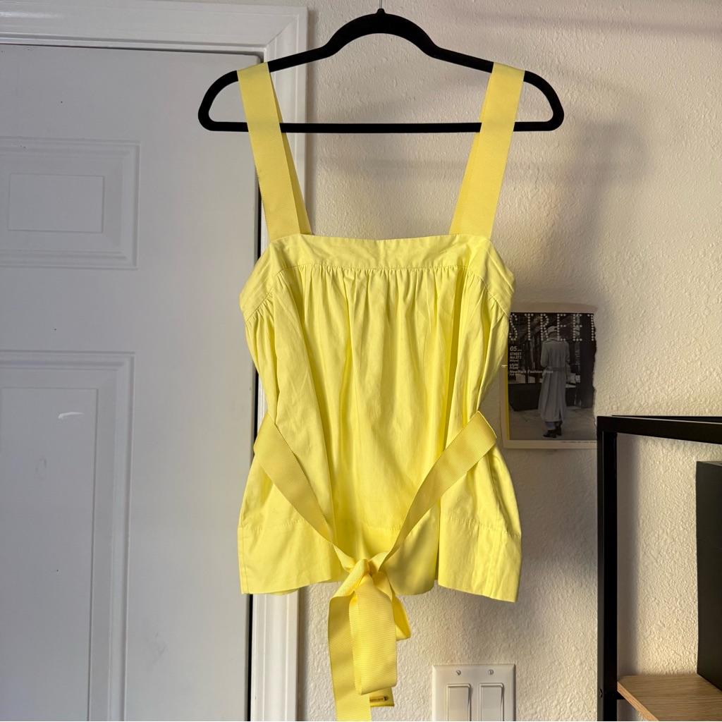 Khoon Hooi Canary Yellow Belted Cotton Cropped Tank Top Blouse Shirt